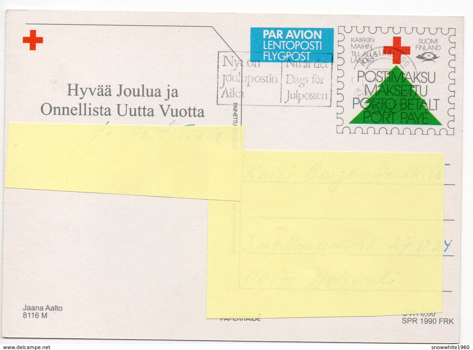Postal Stationery RED CROSS Finland 1990 - CHRISTMAS - SANTA CLAUS - CHILDREN - BIRDS - BULLFINCHES - Postage Paid - Postal Stationery