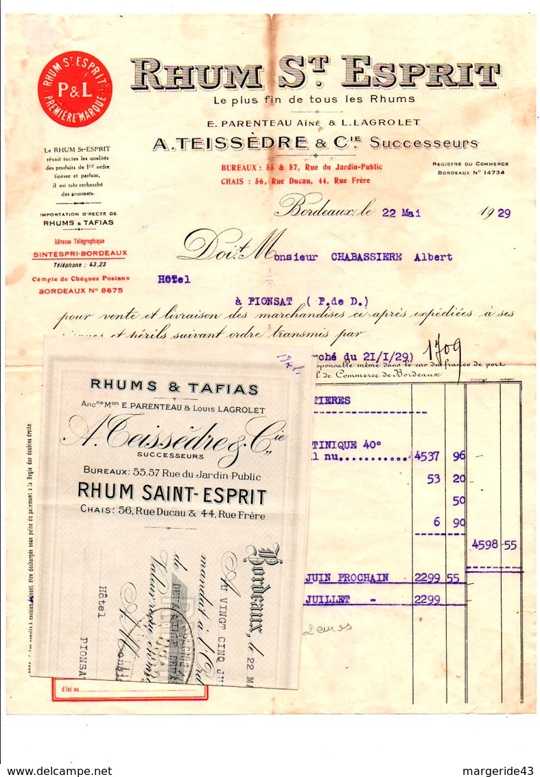 FACTURE + TRAITE RHUM SAINT ESPRIT A. TEISSEDRE à BORDEAUX 1929 - 1900 – 1949