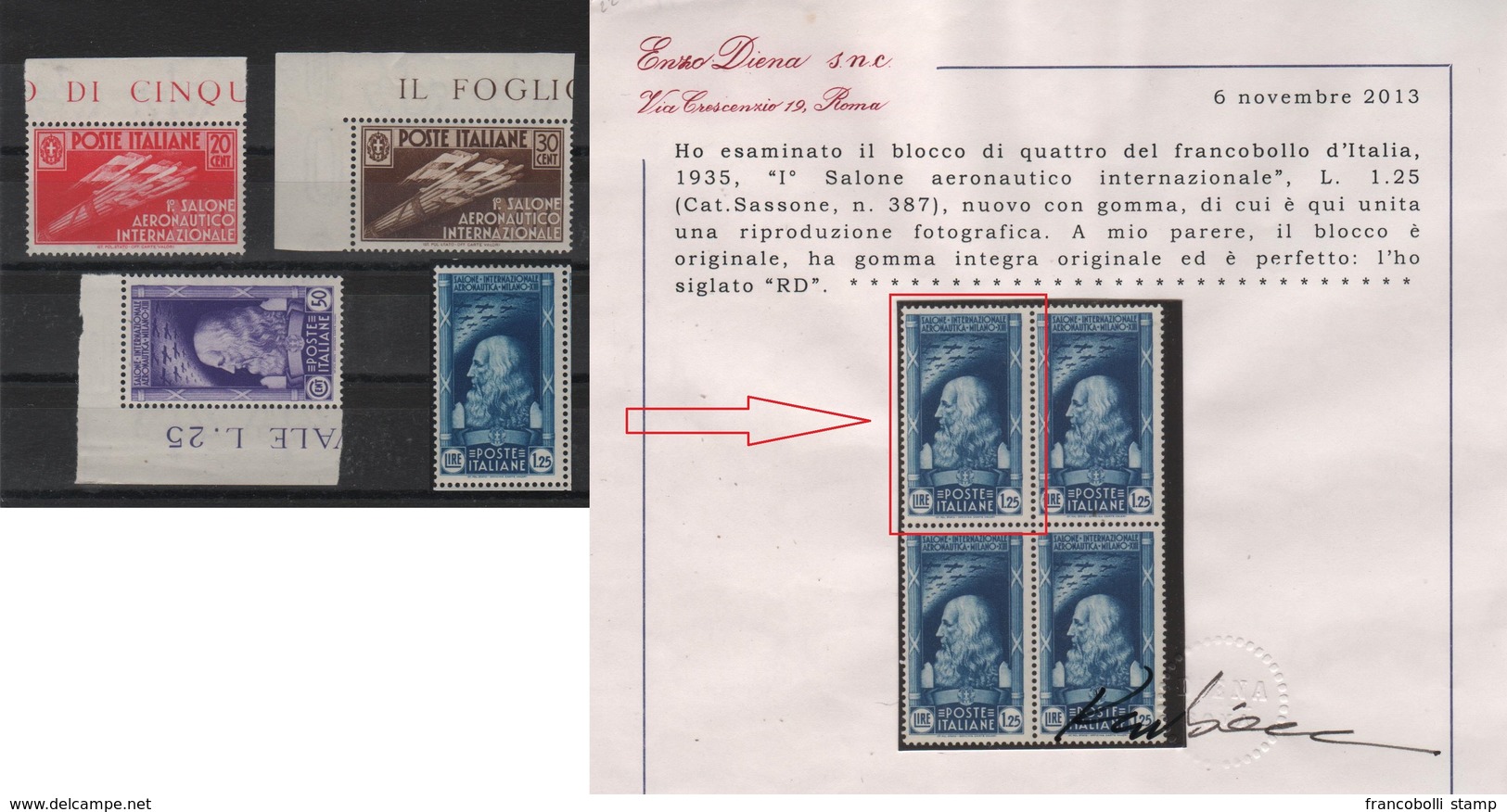 1935 Salone Aeronautico Internazionale Serie Cpl MNH Certificato Diena - Ongebruikt