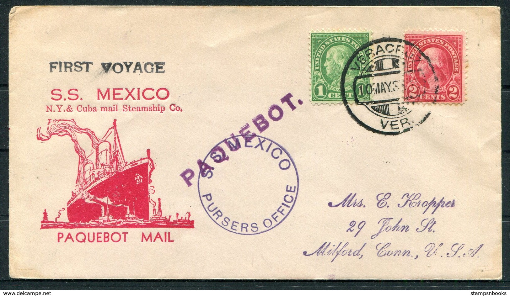 USA S.S. MEXICO Ship Cover. N.Y. & Cuba Mail Steamship Company. PAQUEBOT - Covers & Documents