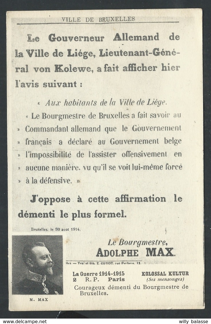 +++ CPA  - Démenti D' ADOLPHE MAX - Guerre 1914-15 - Bruxelles  Brussel - Gouverneur Allemand VON KOLEWE   // - Hommes Politiques & Militaires