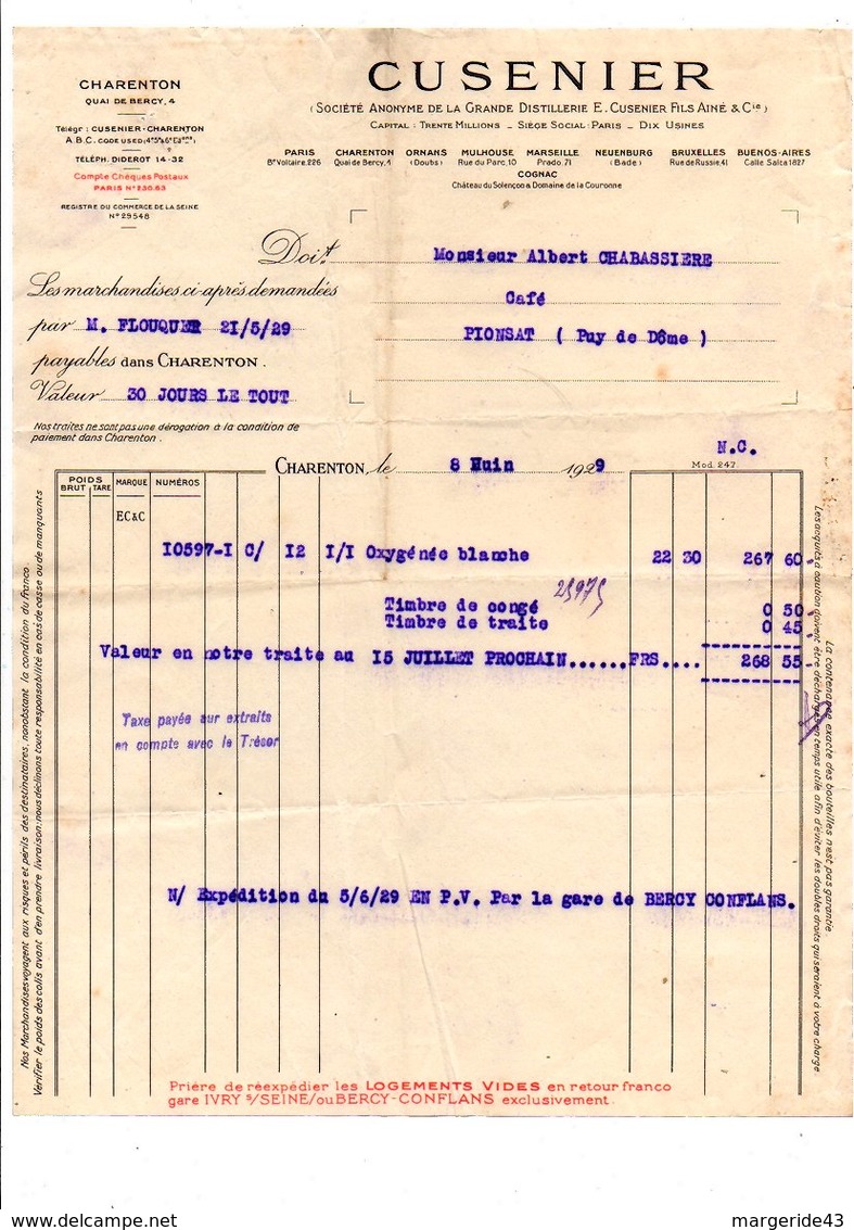 FACTURE + TRAITE CUSENIER 1929 - 1900 – 1949