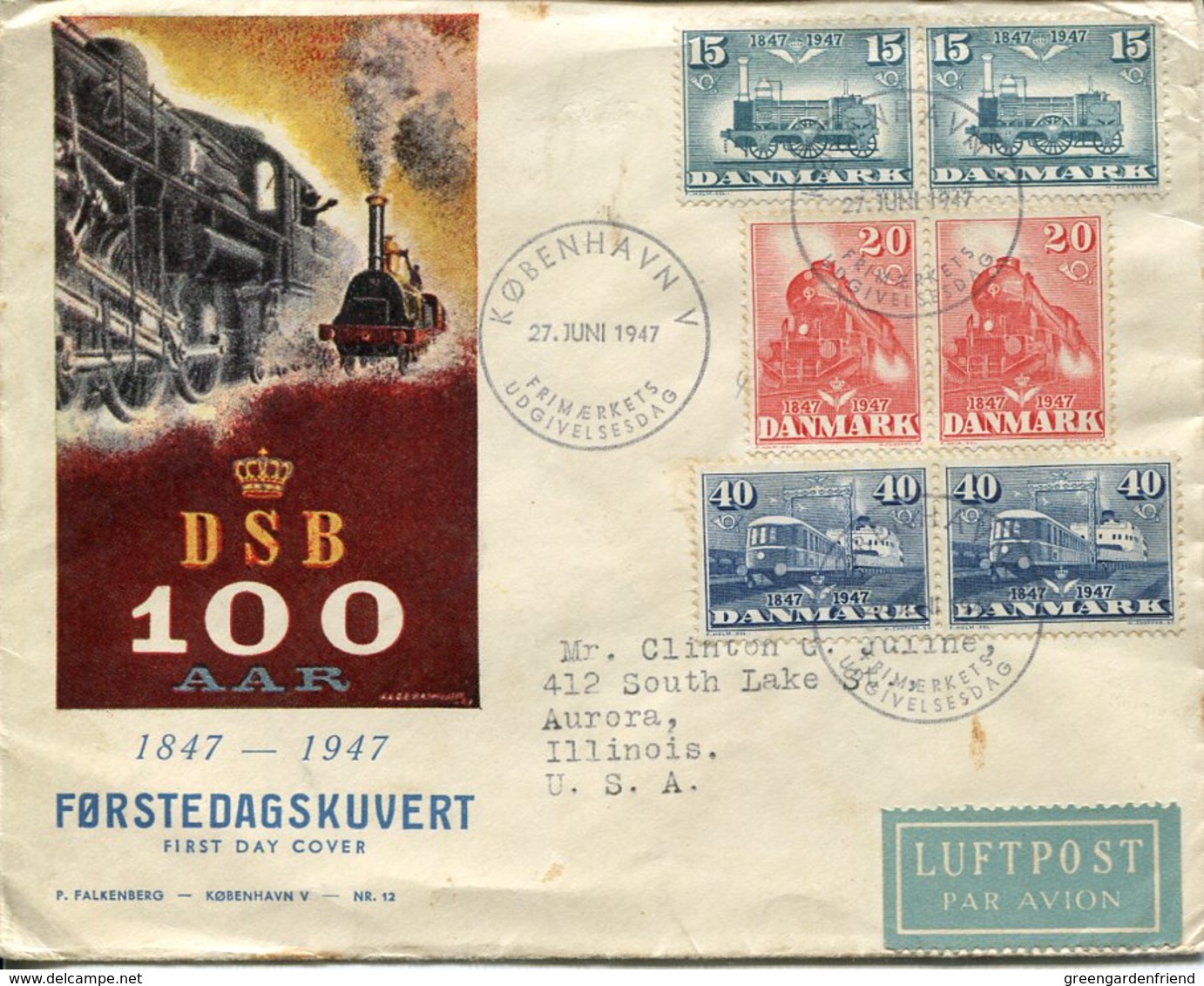 43768  Danmark, Circuled Fdc 1947  Railway 100 Year - Trenes