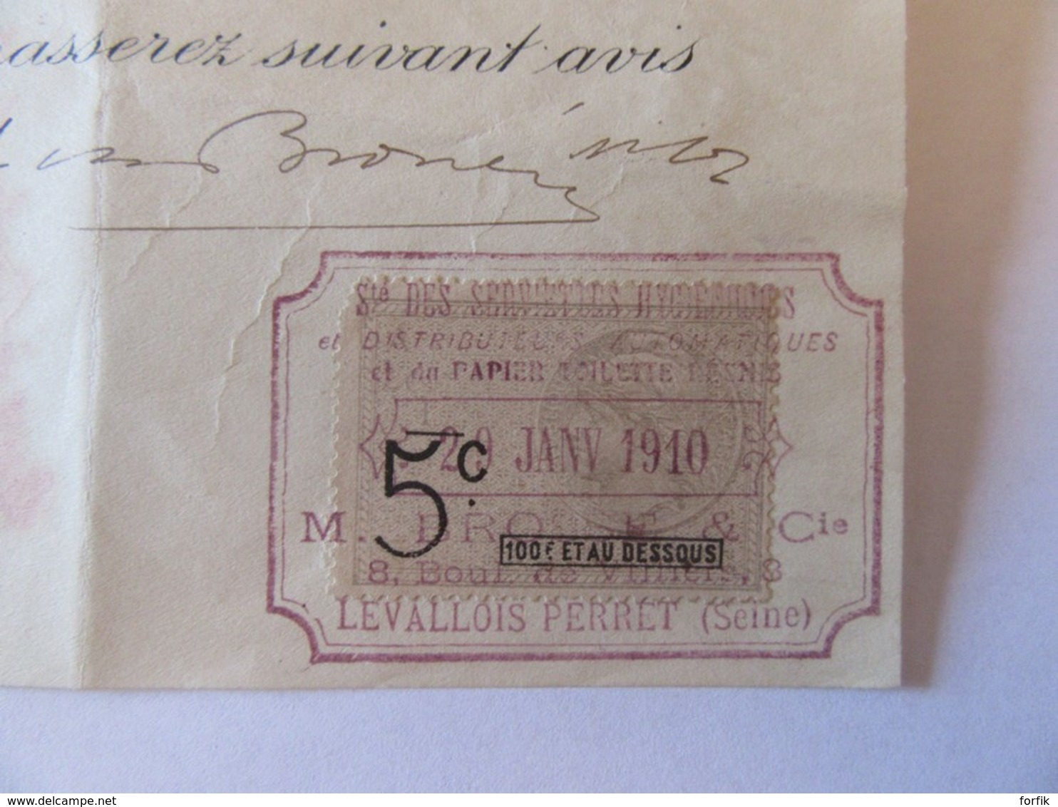 France - Timbre Fiscal 5c - 100f Et Au Dessous Sur Mandat De La Société Des Serviettes Hygiéniques - Le 29 Janvier 1910 - Autres & Non Classés