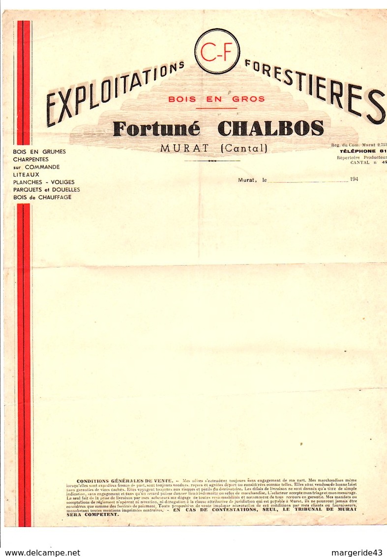 EN-TETE FORTUNE CHALBOS EXPLOITATIONS FORESTIERES à MURAT CANTAL - 1900 – 1949