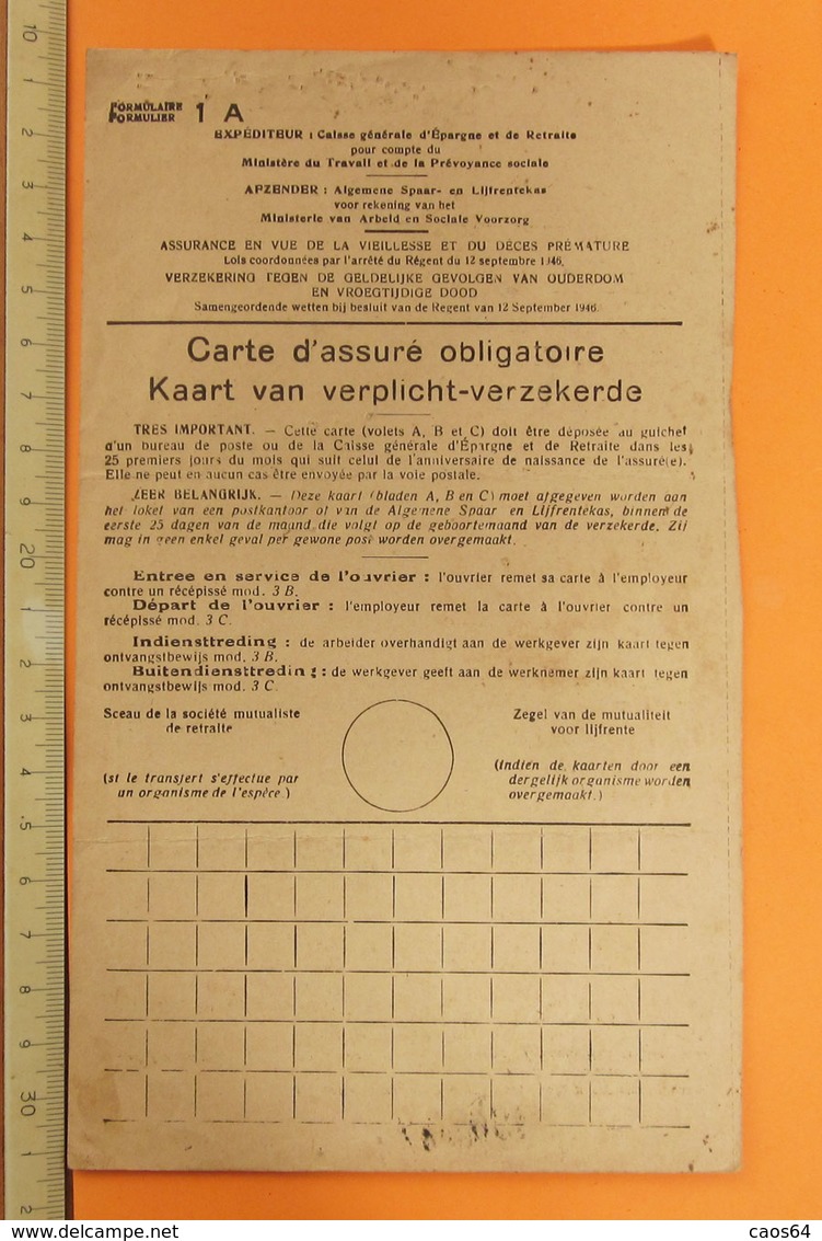 CARTE D'ASSURE OBLIGATOIRE   1953 - Italia