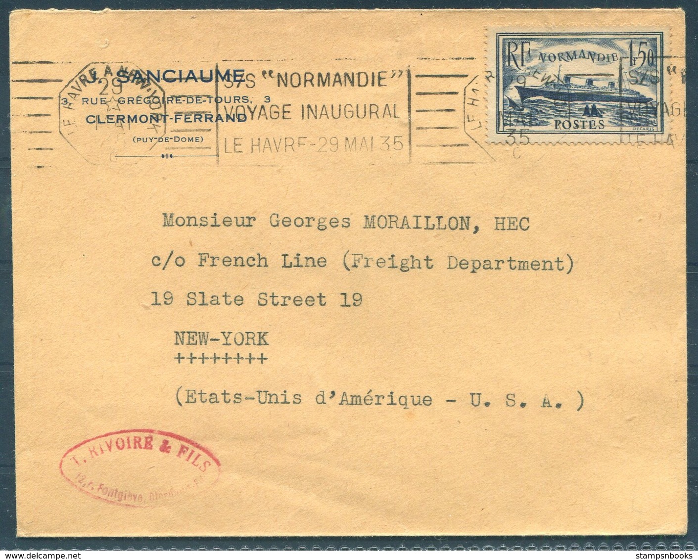 1935 France S/S NORMANDIE Maiden Voyage Le Havre - New York Ship Cover - Covers & Documents