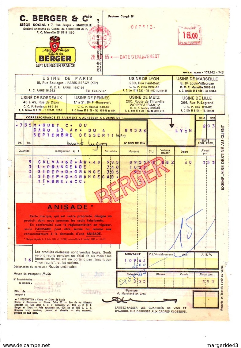 FACTURE CONGES BERGER & CiE MARSEILLE 1965 - 1950 - ...