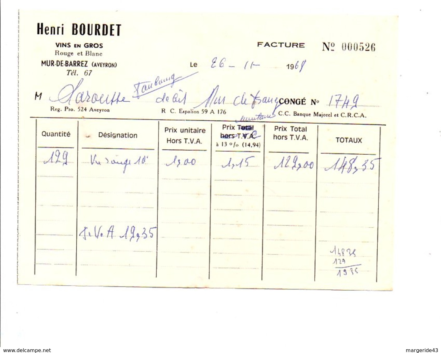 FACTURE HENRI BOURDET VINS EN GROS à MUR DE BARREZ AVEYRON 1945 - 1900 – 1949