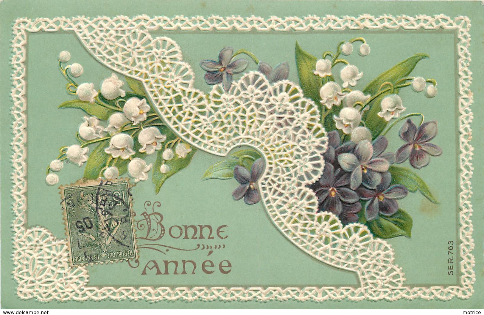 BONNE ANNÉE -  Fleurs, Muguets Et Violettes, Dentelles (carte Gaufrée) - Fleurs