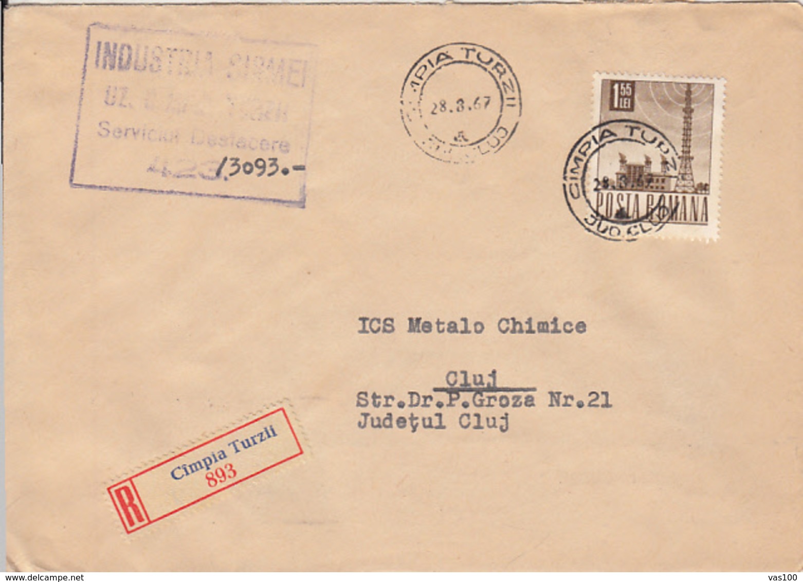 RADIO TOWER, STAMP ON REGISTERED CAMPIA TURZII 893 COVER, 1967, ROMANIA - Lettres & Documents