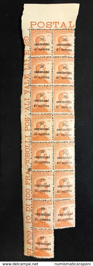 TRENTO E TRIESTE 1919 20 Cent Sovrastampato In Centesimi Di Corona  20 Cent Blocco Di 15 Esemplari Cod.fra.796 - Trento & Trieste