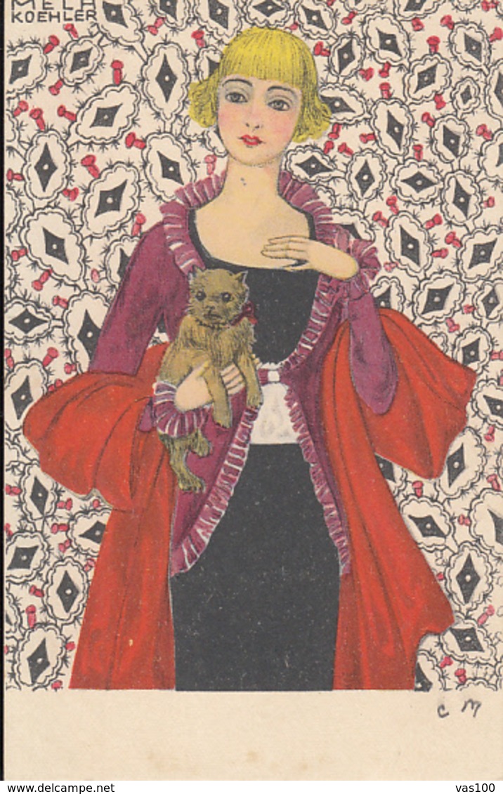 CPA SIGNED ILLUSTRATIONS, MELA KOEHLER- WOMAN WITH DOG AND RED SCARF - Koehler, Mela