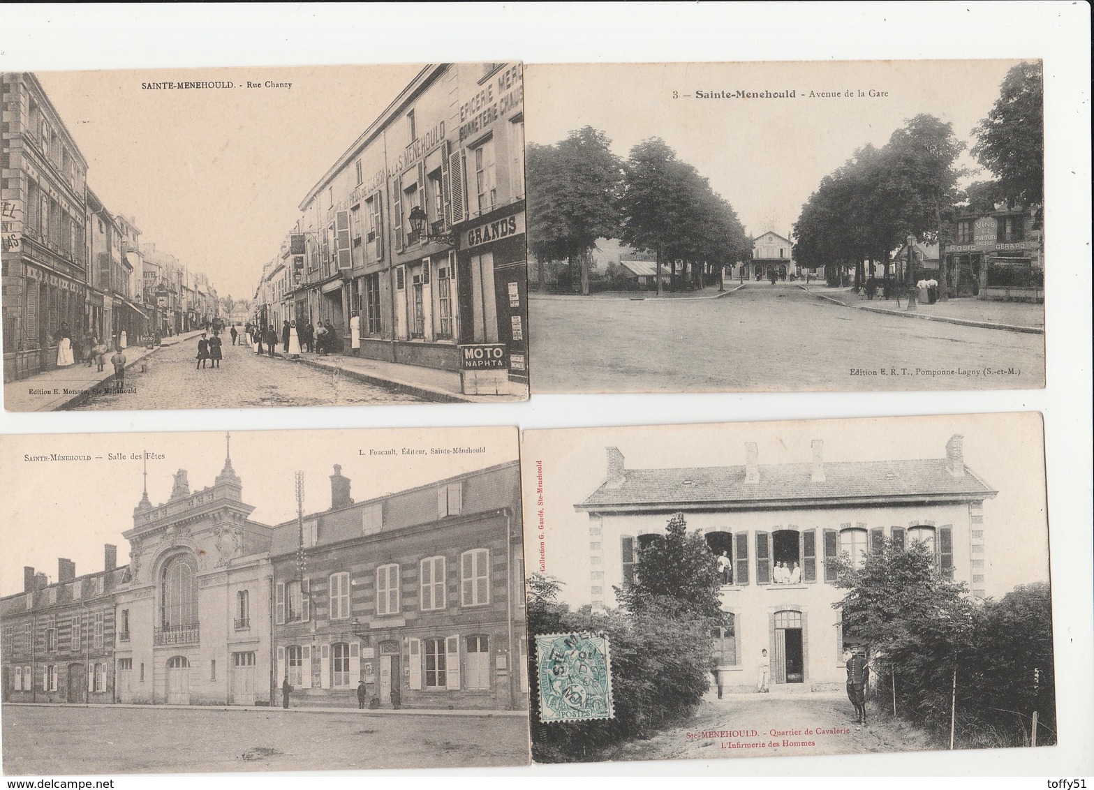 4 CPA:SAINTE MENEHOULD (51) RUE CHANZY,SALLE DES FÊTES,INFIRMERIE DES HOMMES QUARTIER DE CAVALERIE,AVENUE DE LA GARE - Sainte-Menehould