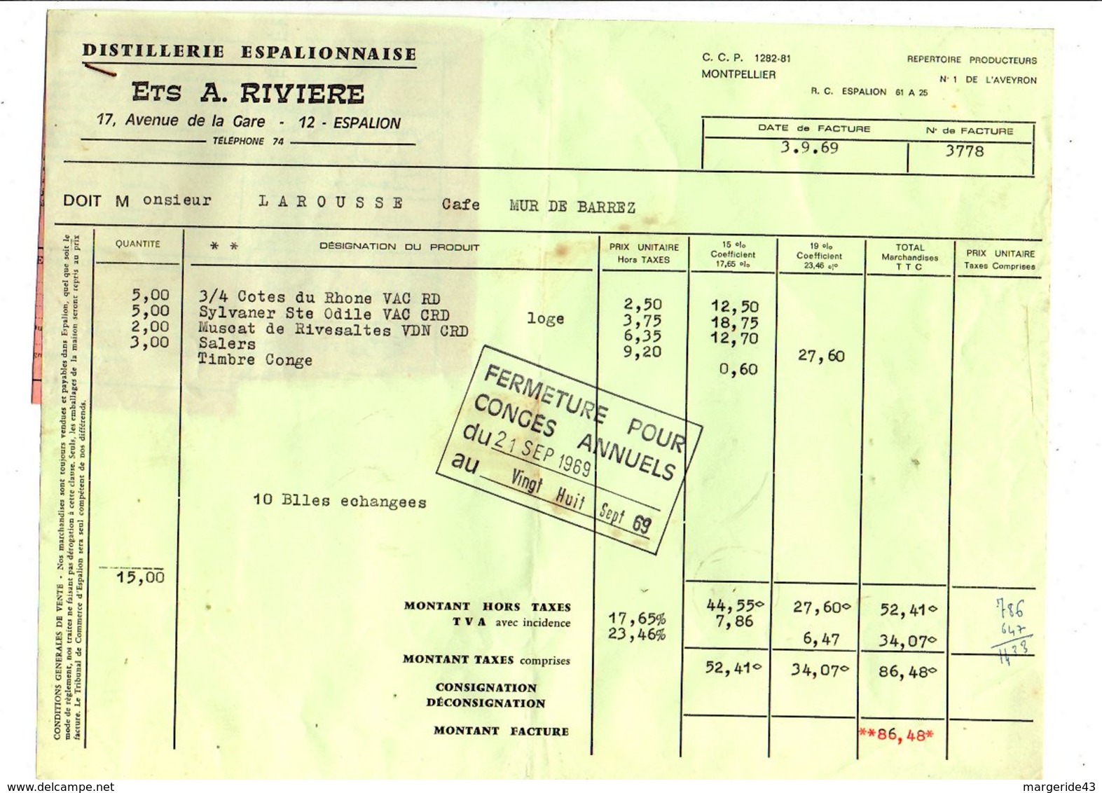 FACTURE A.RIVIERE DISTILLERIE ESPALIONNAISE à ESPALION AVEYRON 1969 - 1950 - ...