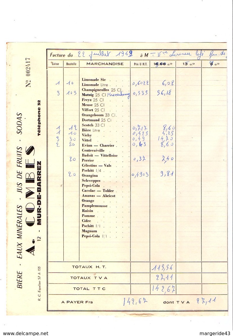 FACTURE A. COMBES BOISSONS à MUR-DE-BARREZ AVEYRON 1969 - 1950 - ...