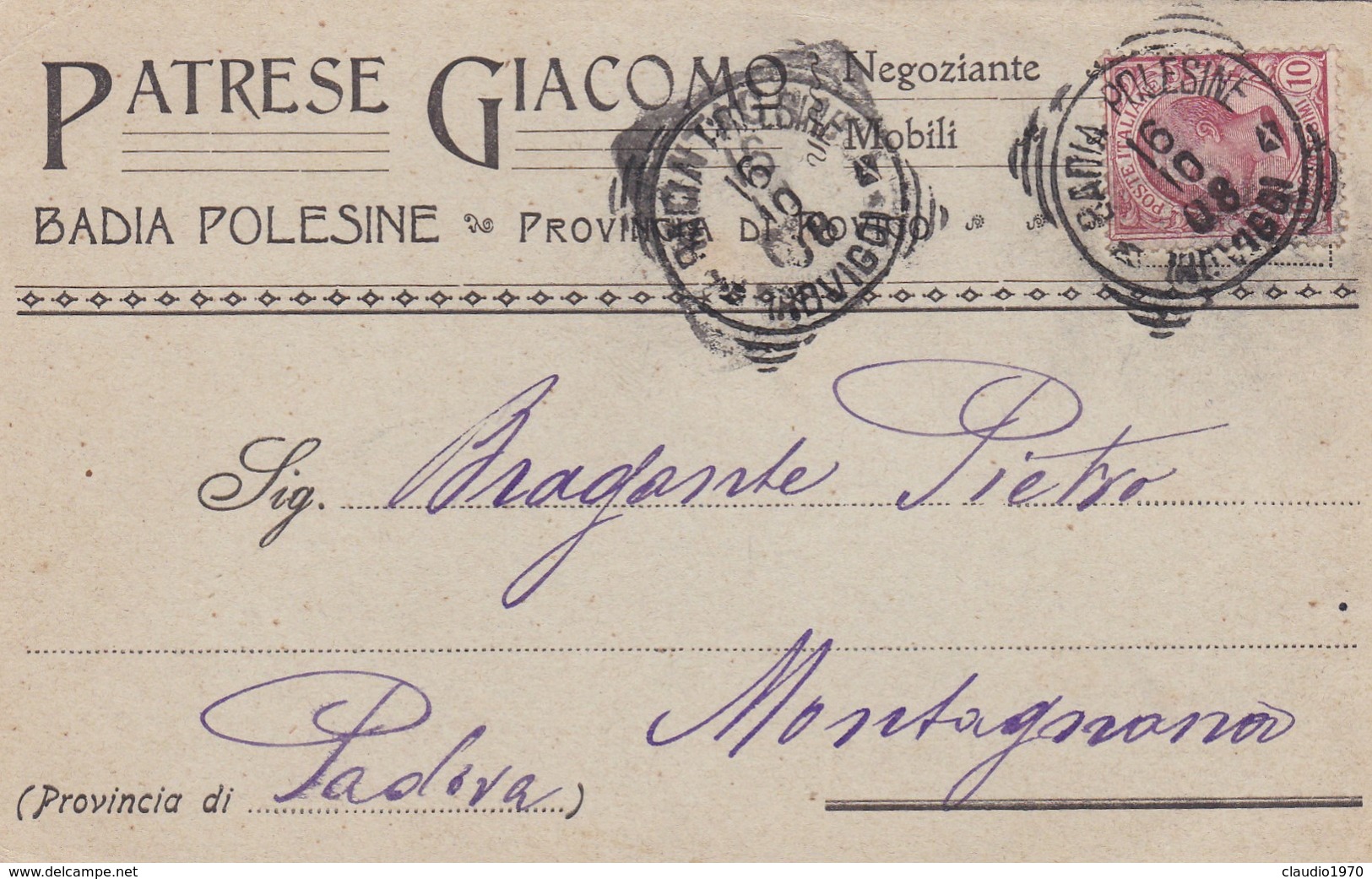 STORIA POSTALE - BADIA POLESINE ( ROVIGO) PATRESE GIACOMO - NEGOZIANTE DI MOBILI -VIAGGIATA PER MONTAGNANA (PD) - Storia Postale