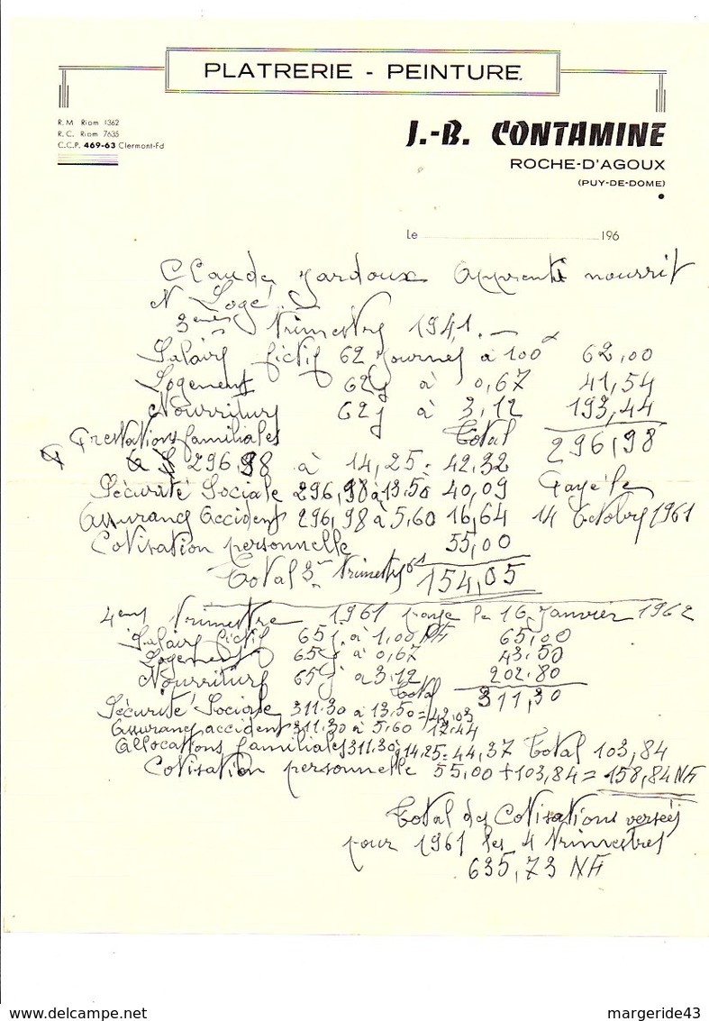 FACTURE J.-B. CONTAMINE PLATRERIE PEINTURE à ROCHE-D'AGOUX PUY DE DOME 1961 - 1950 - ...