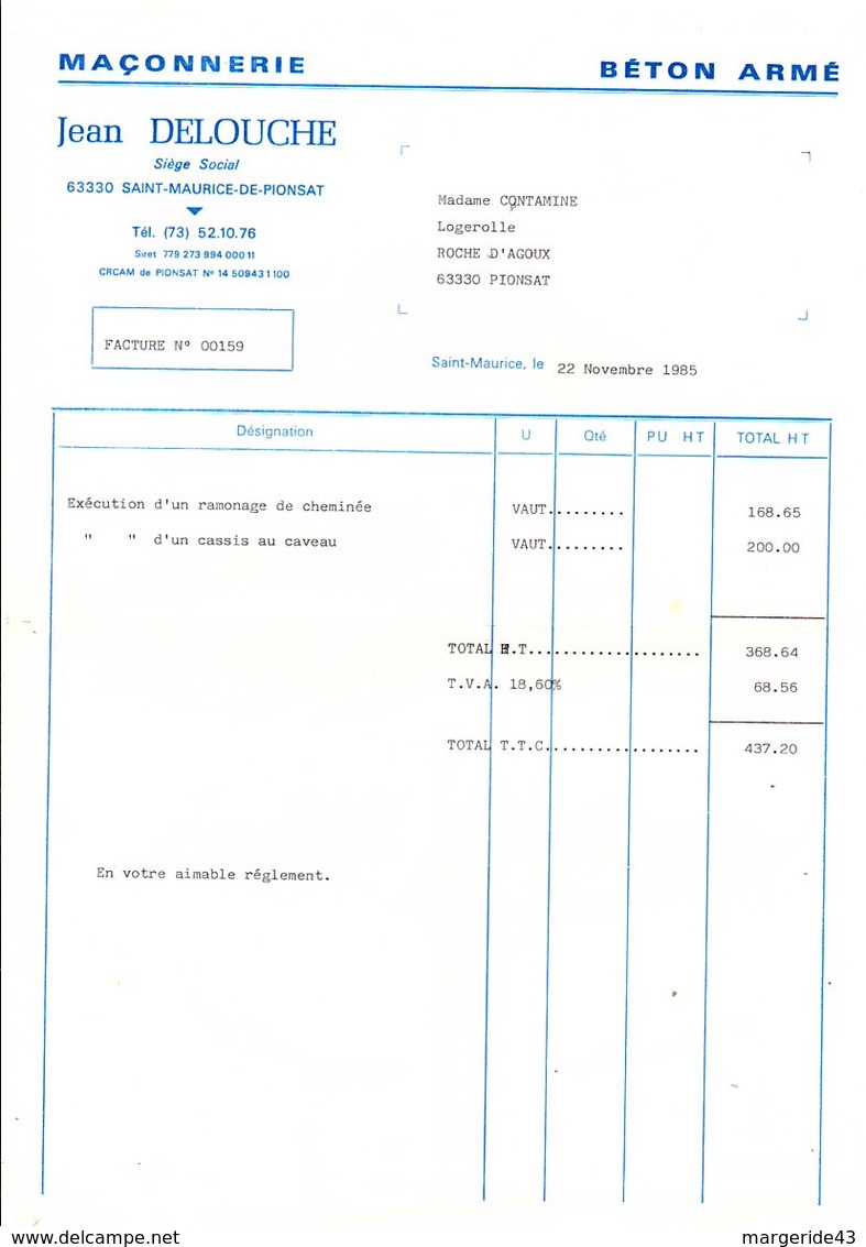 FACTURE JEAN DELOUCHE MACONNERIE à SAINT MAURICE DE PIONSAT PUY DE DOME 1985 - 1950 - ...