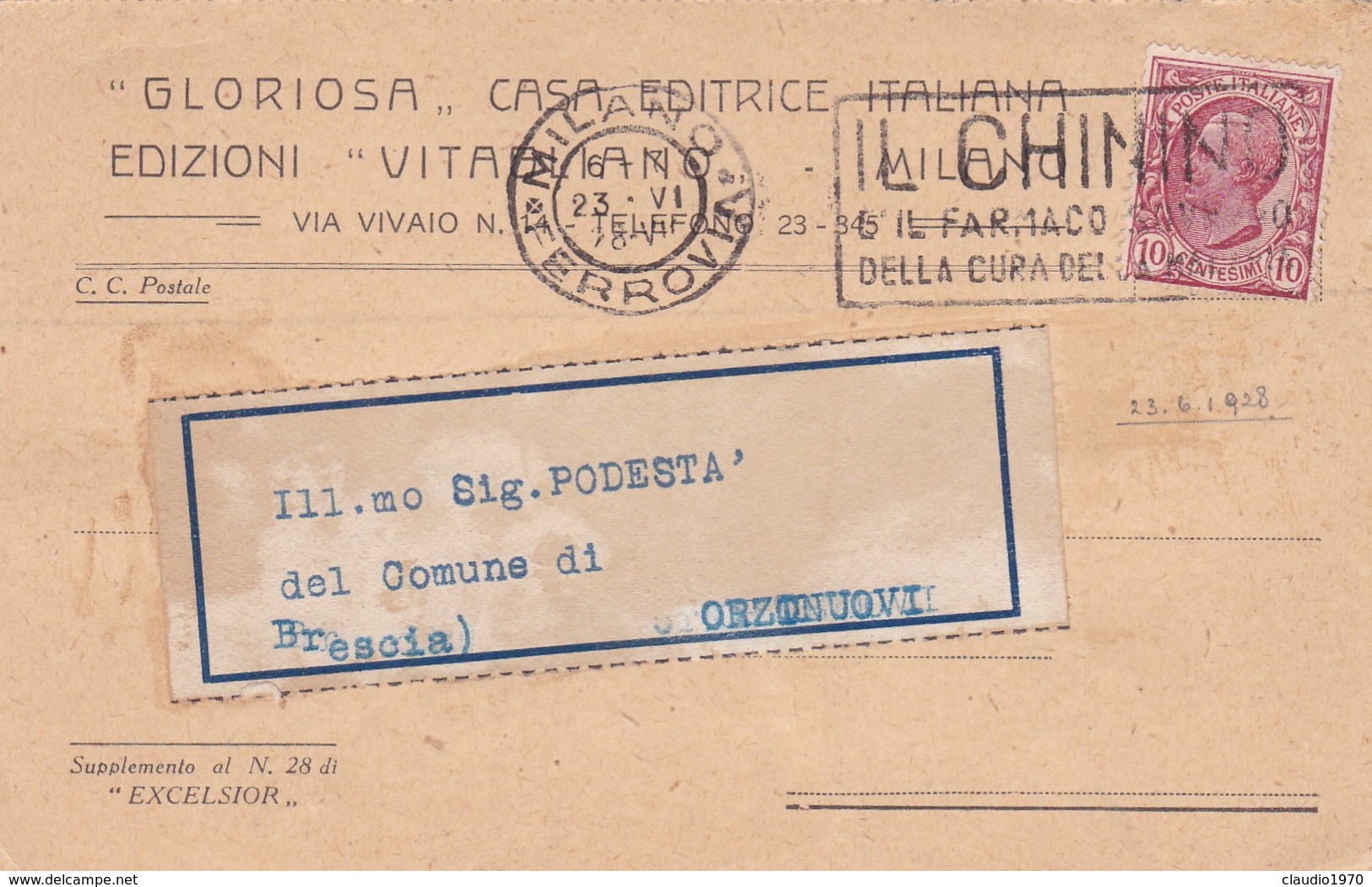 STORIA POSTALE - MILANO - GLORIOSA ,CASA EDITRICE ITALIANA, VITAGLIANO -VIAGGIATA PER ORZINUOVI ( BRESCIA) - Storia Postale