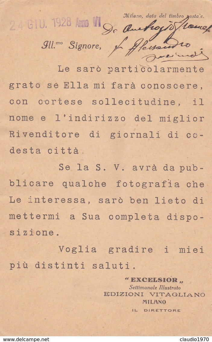 STORIA POSTALE - MILANO - GLORIOSA ,CASA EDITRICE ITALIANA, VITAGLIANO -VIAGGIATA PER ORZINUOVI ( BRESCIA) - Storia Postale