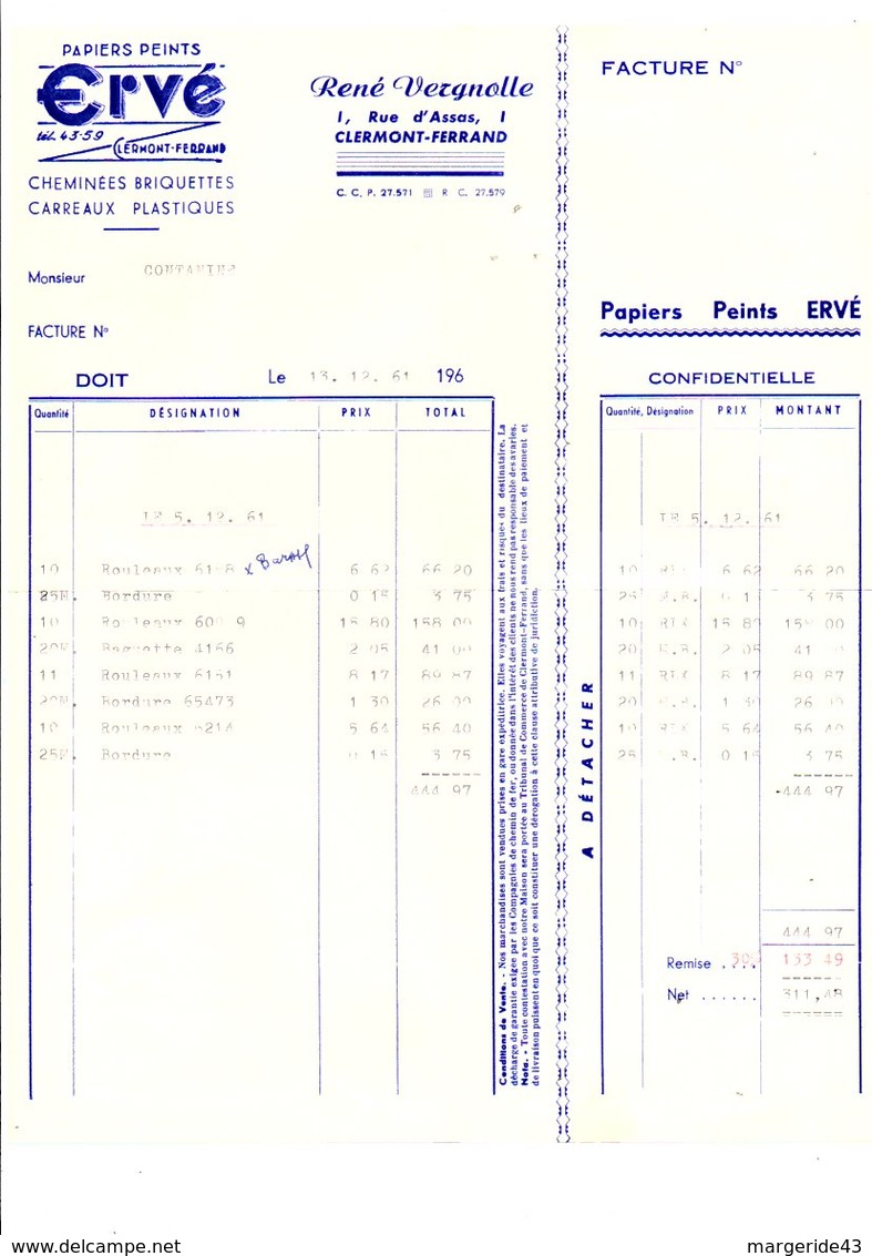 FACTURE ERVé PAPIERS PEINTS à CLERMONT FERRAND 1961 - 1950 - ...