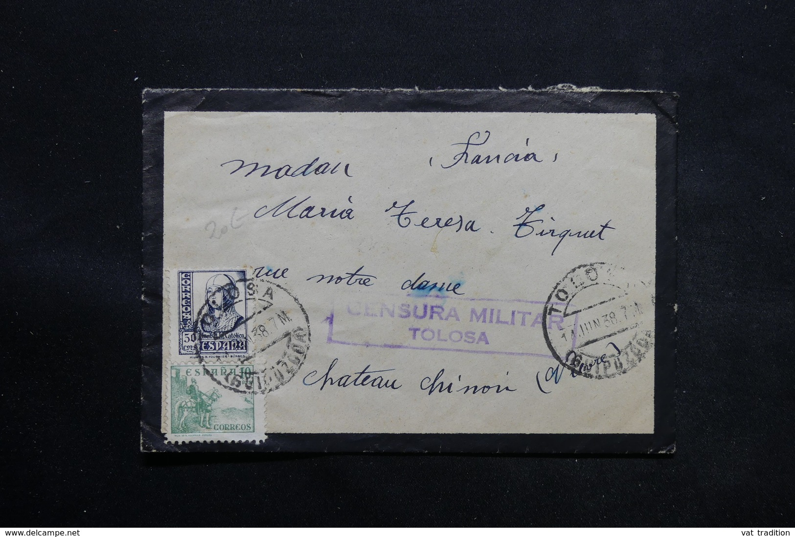 ESPAGNE - Enveloppe De Tolosa Pour La France En 1938 Avec Censure Militaire , Affranchissement Plaisant - L 25367 - Republikeinse Censuur