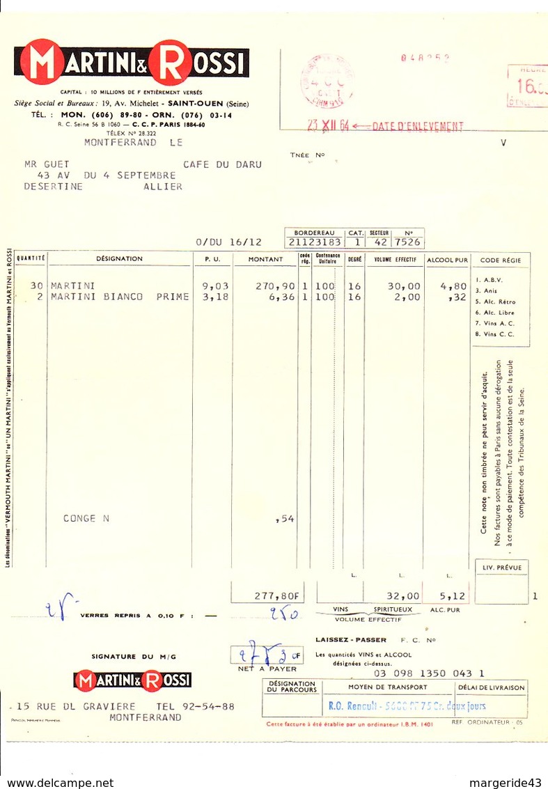 FACTURE CONGES MARTINI & ROSSI 1964 - 1950 - ...