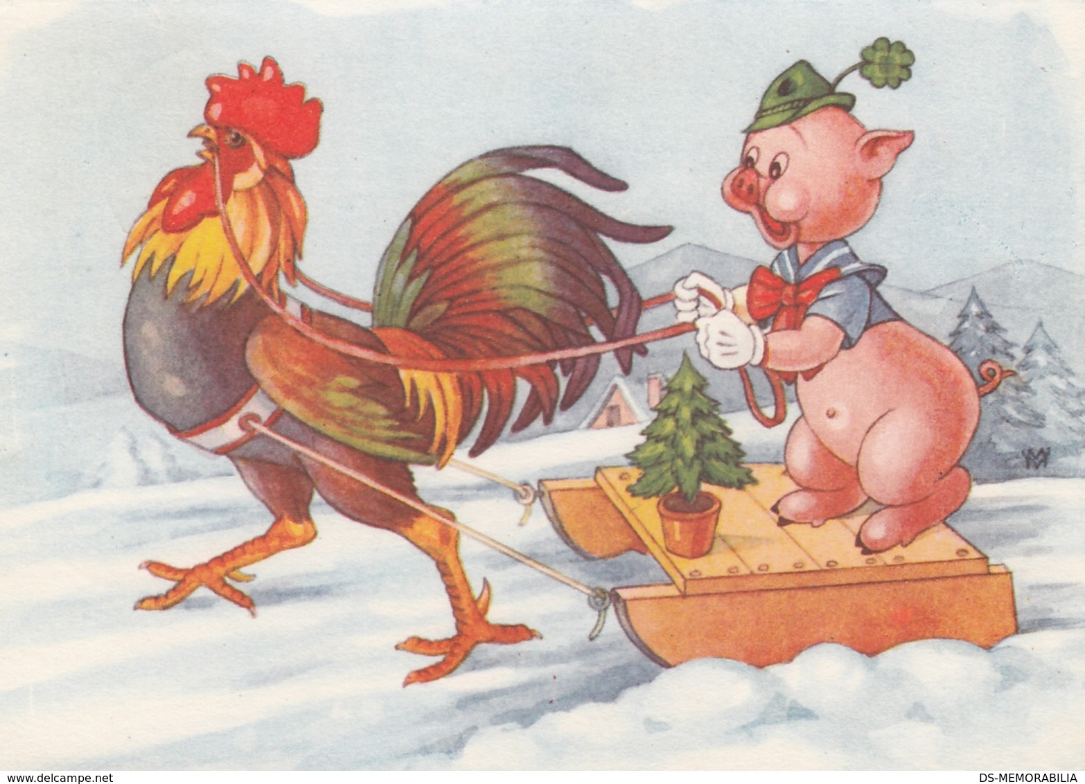 Pig W Rooster Sled Old Postcard 1965 - Cochons