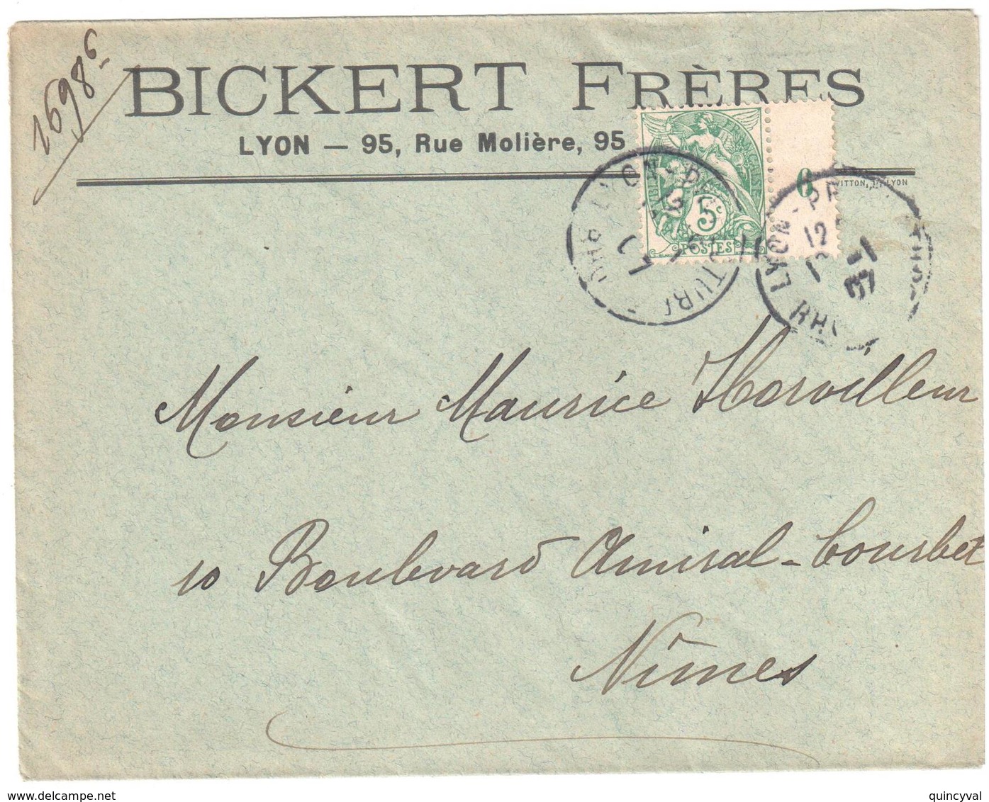 LYON Rhône Lettre Entête BICKERT Frères Rue Molière Facture 5c Blanc Vert 1/2 Millésime 6 Yv 111 Ob 1907 - Covers & Documents