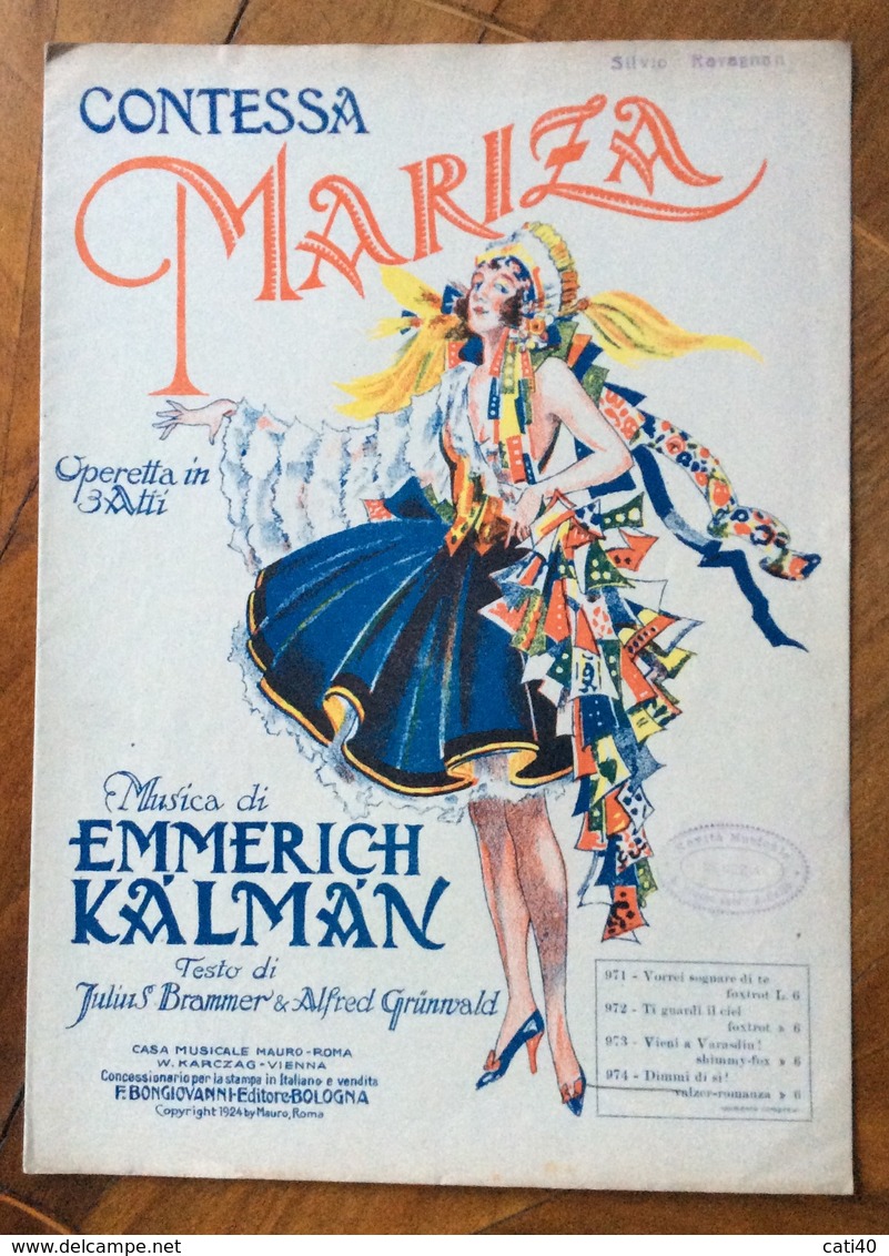 SPARTITO MUSICALE VINTAGE  CONTESSA MARIZA Di EMMERICH KALMAN  ED.F.BONGIOVANNI BOLOGNA - Musica Popolare