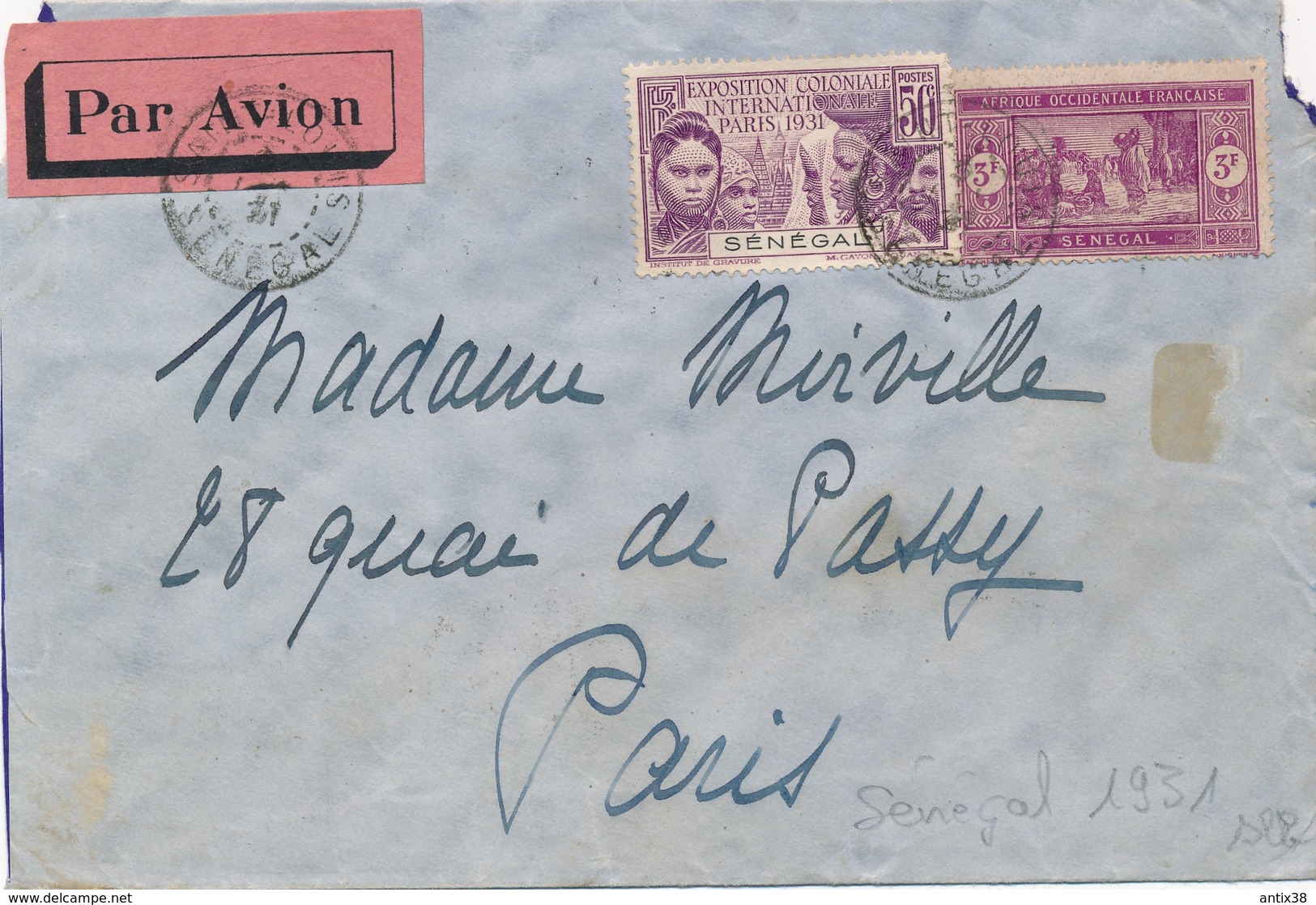 I92 - SÉNÉGAL - Enveloppe Par Avion - Sénégal Vers Paris France - 1931 - 1927-1959 Briefe & Dokumente