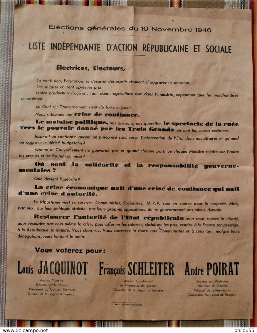 55 Liste Elections Generales 1946 JACQUINOT SCHLEITER POIRAT - 1900 – 1949