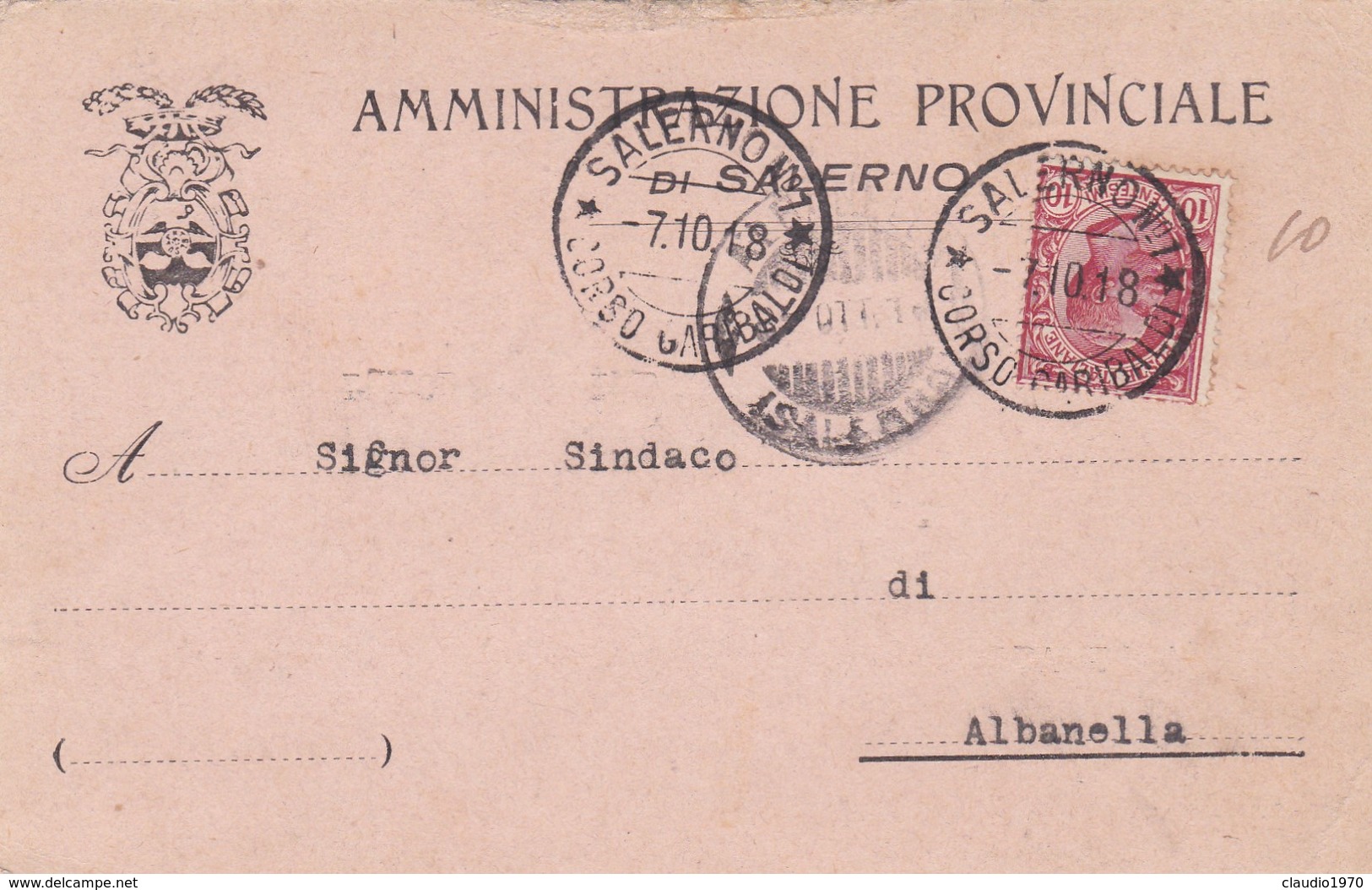 STORIA POSTALE - SALERNO - AMMINISTRAZIONE PROVINCIALE DI SALERNO -VIAGGIATA PER ALBANELLA ( SALERNO) - Marcophilie