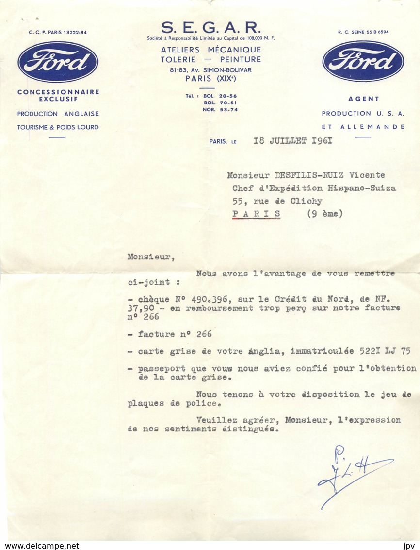 FORD - FACTURE LETTRE S.E.G.A.R. PARIS XIXe - 1961 - 1950 - ...