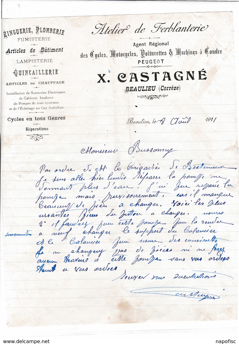 19-X Castagné Atelier De Ferblanterie,.Zinguerie, Plomberie, Lampisterie...Beaulieu...(Corrèze)...1911 - Autres & Non Classés