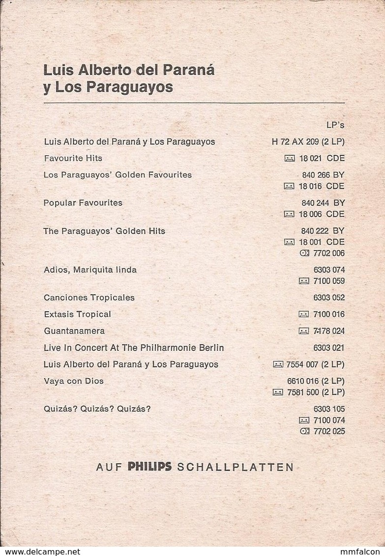 MUSIC - LUIS ALBERTO DEL PARANA Y LOA PARAGUAYOS - Vtg Publicity Card Photo 1970' - Musique Et Musiciens