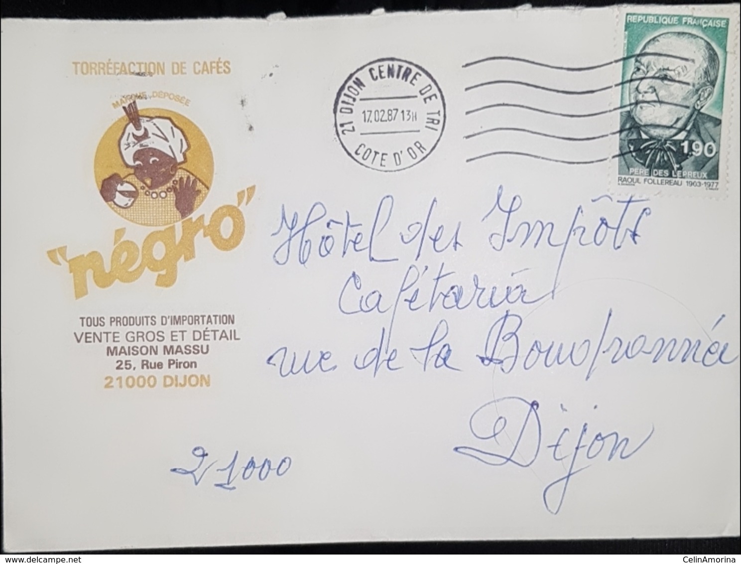 Belle Enveloppe Publicitaire De 1987 Café " Négro " De Dijon Pour Les Impôts - Frankobriefe