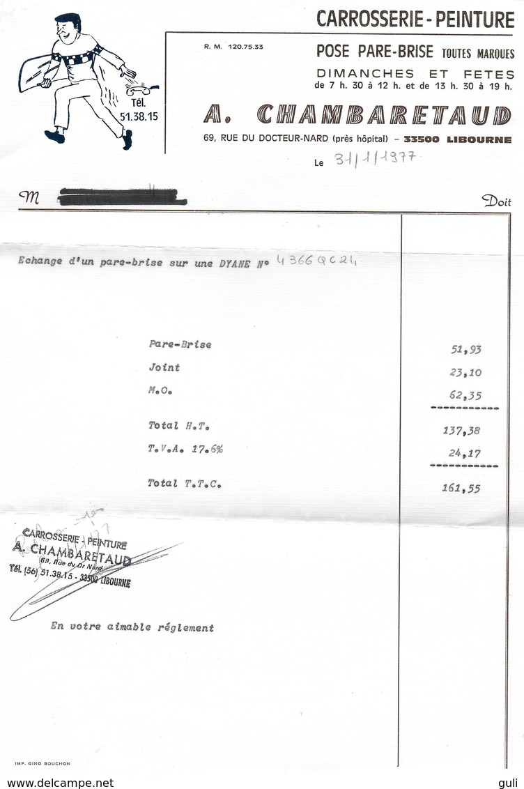 Vieux Papiers-Facture & Documents Commerciaux A.CHAMBARETAUD 33500 LIBOURNE- Facture + Carte De Visite + Enveloppe - Automobile