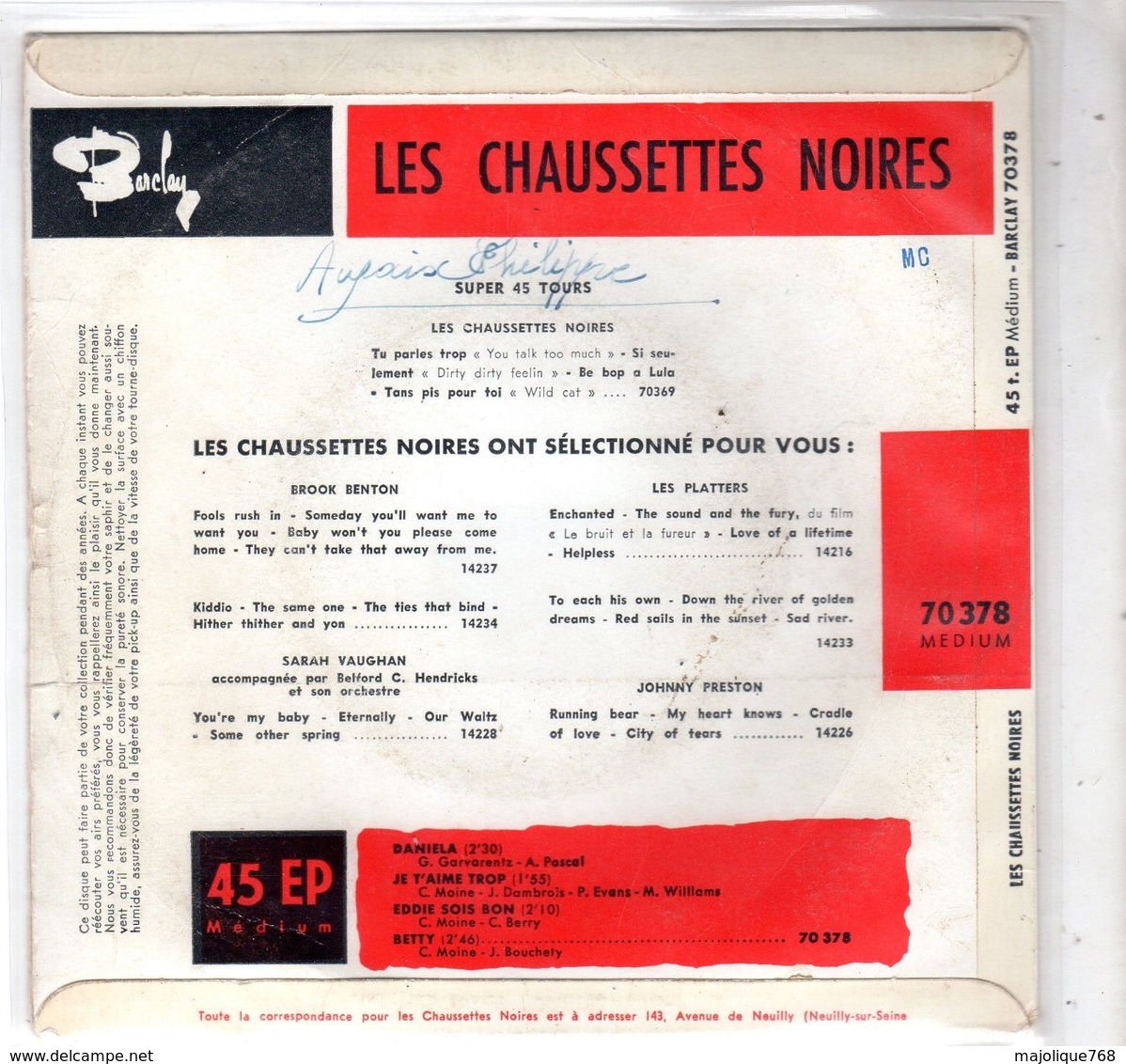 Disque Des Chaussettes Noires Avec Eddy Mitchell - Daniela - Barclay 70378 M 1961   - - Rock