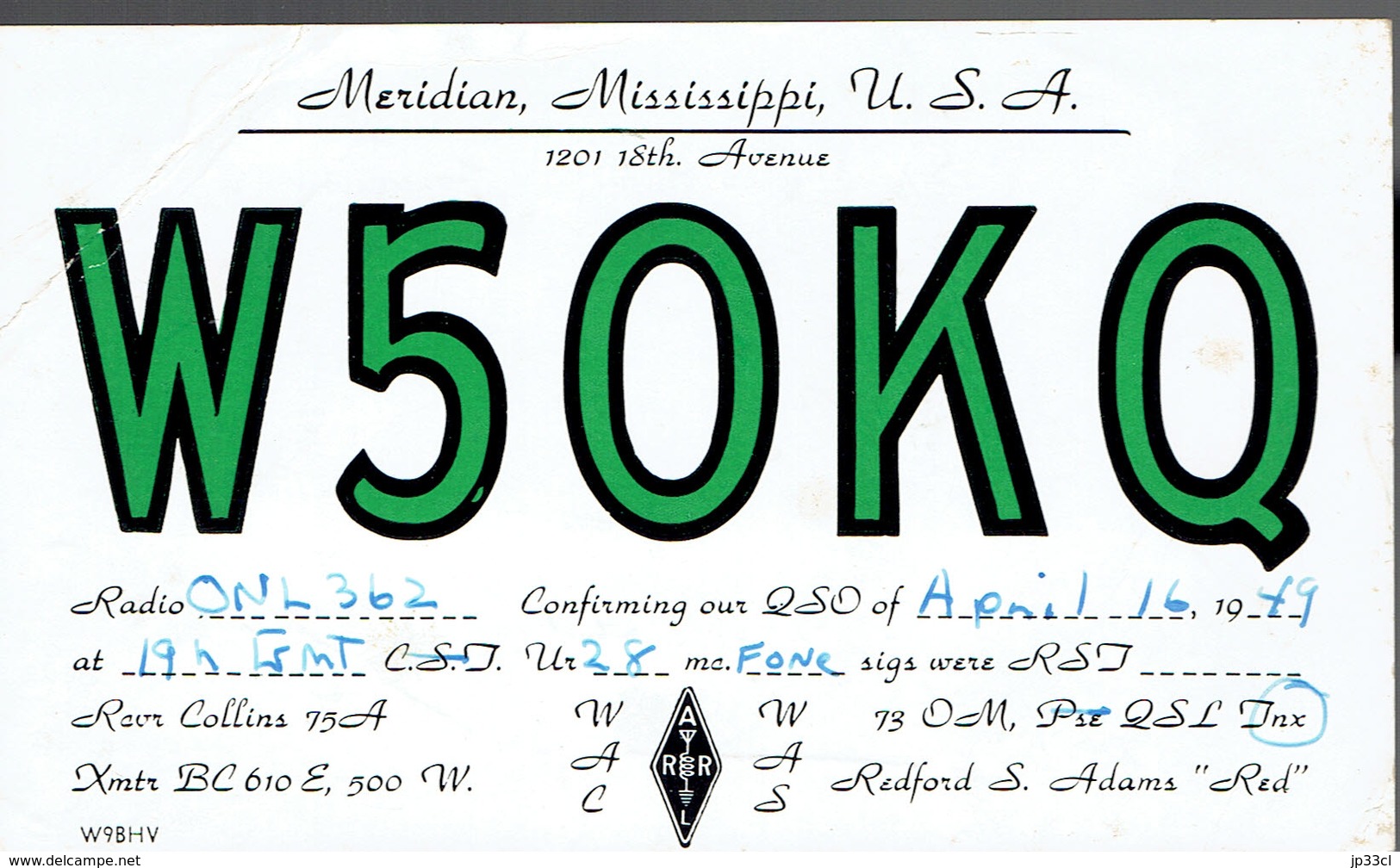 Very Old QSL From Redford S. Adams "Red", W5OKQ, Meridian Mississippi, USA, April 16 1949 - Radio Amateur