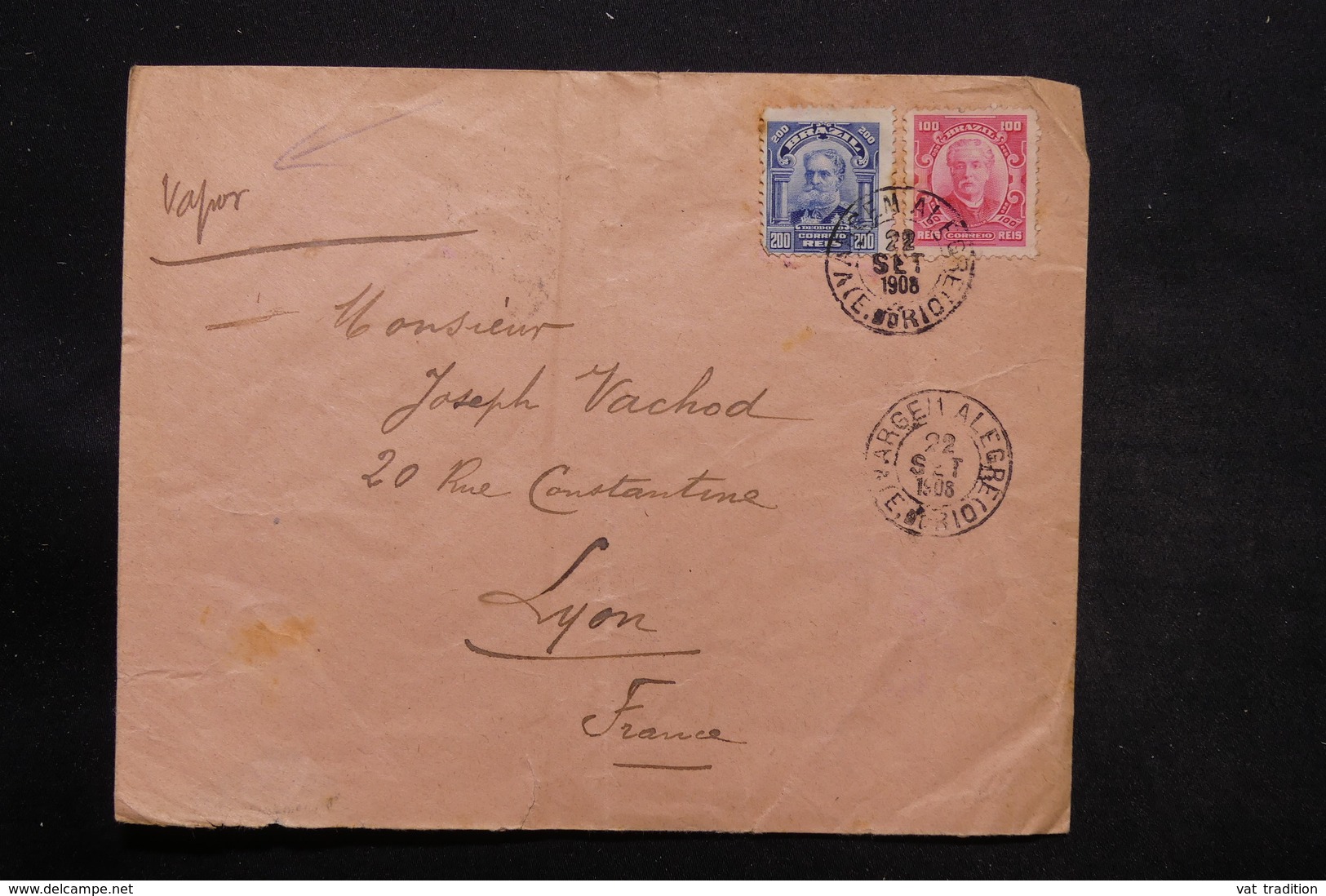 BRÉSIL - Enveloppe De Alegre Pour La France En 1908 , Mention Manuscrite " Vapor " - L 25401 - Briefe U. Dokumente