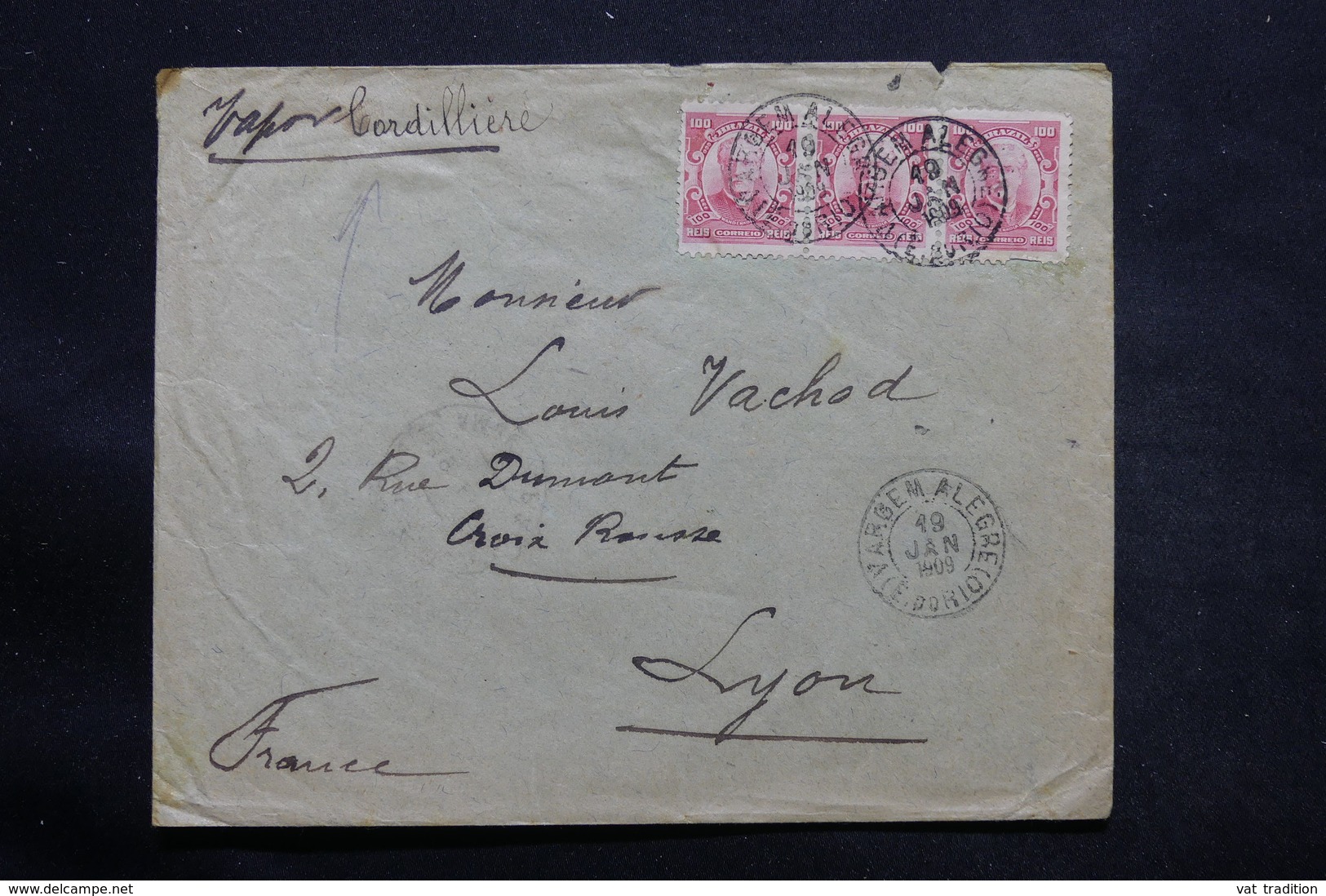 BRÉSIL - Enveloppe De Alegre Pour La France En 1909 , Mention Manuscrite " Vapor Cordillière  " - L 25402 - Covers & Documents