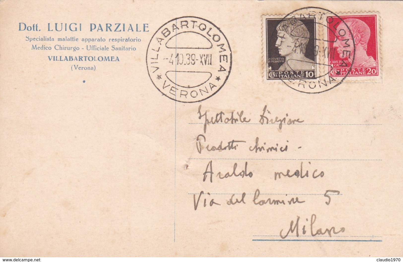 STORIA POSTALE - VILLABARTOLOMEA ( VERONA) DOTT. LUIGI PARZIALE - VIAGGIATA PER MILANO - Storia Postale