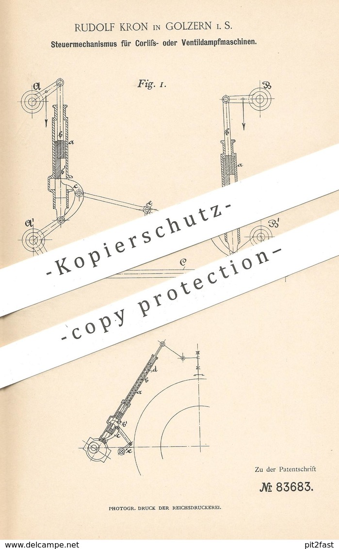 Original Patent - Rudolf Kron , Golzern , 1894 , Steuerung Für Corliss- O. Ventildampfmaschinen | Dampfmaschine , Motor - Historische Dokumente