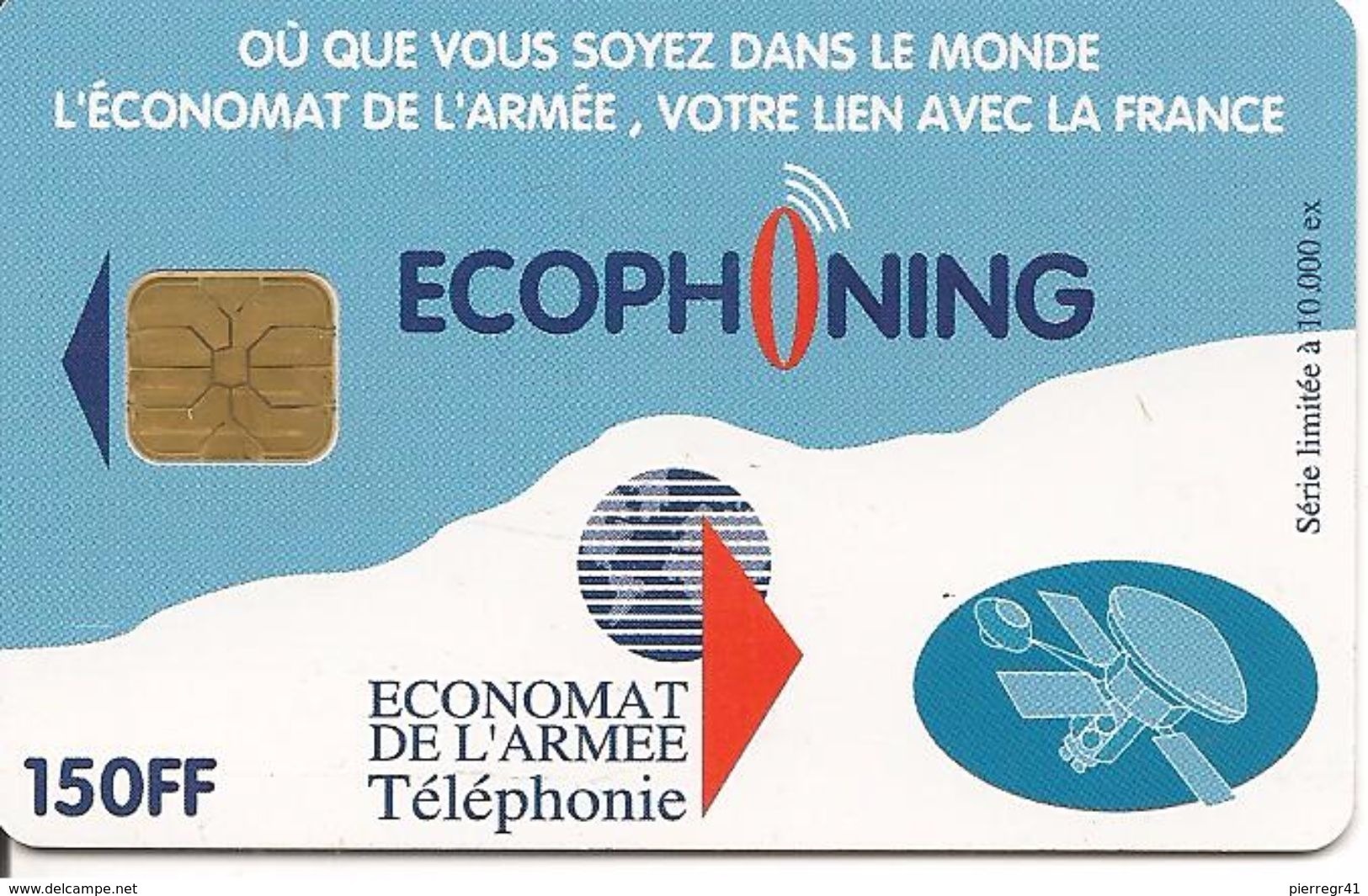 CARTE-PUCE-MILITAIRE- ECOPHONING-SFOR 5-150FF-V° SATELLITE-BLEUE-10000ex-TBE - -  Cartes à Usage Militaire