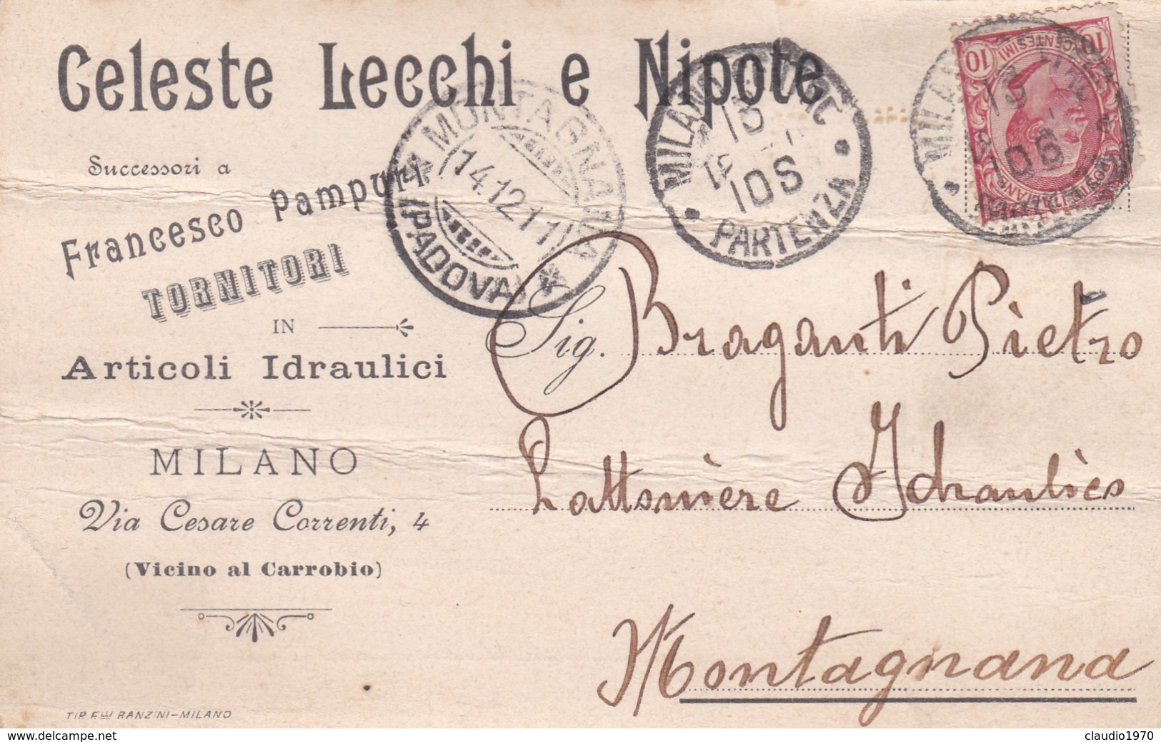 STORIA POSTALE - MILANO - CELESTE LECCHI E NIPOTE - ARTICOLI IDRAULICI  - VIAGGIATA PER MONTAGNANA ( PADOVA) - Storia Postale