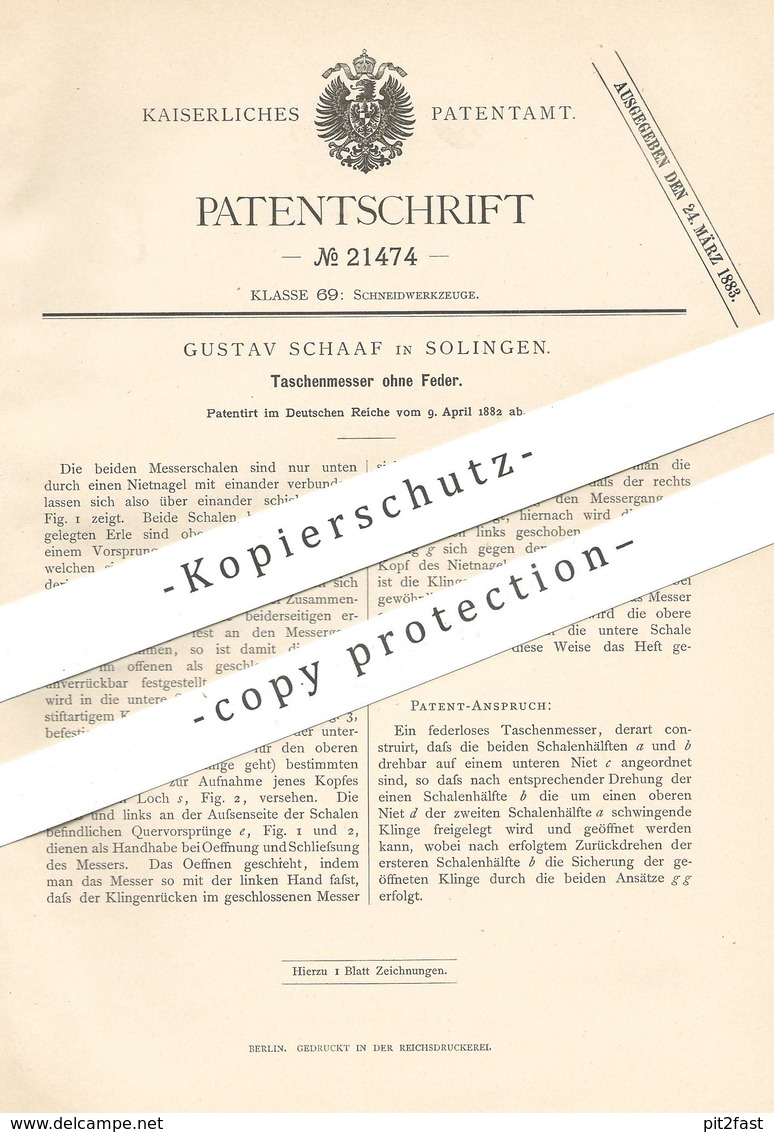 Original Patent - Gustav Schaaf , Solingen , 1882 , Taschenmesser Ohne Feder | Messer | Messerklinge , Klinge !!! - Documenti Storici