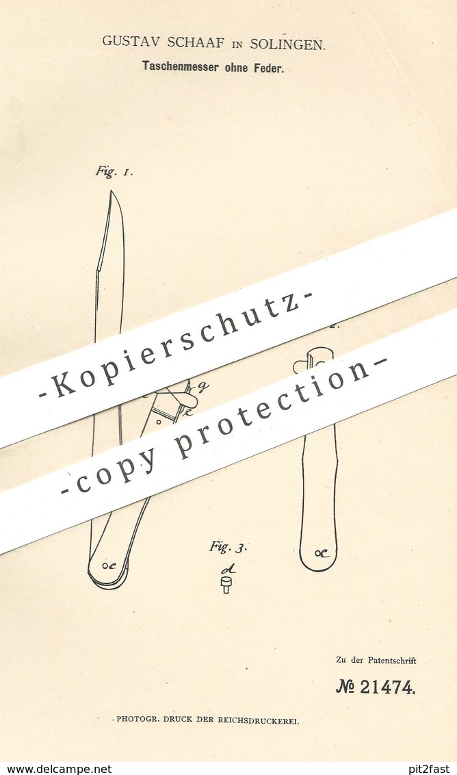 Original Patent - Gustav Schaaf , Solingen , 1882 , Taschenmesser Ohne Feder | Messer | Messerklinge , Klinge !!! - Historische Dokumente