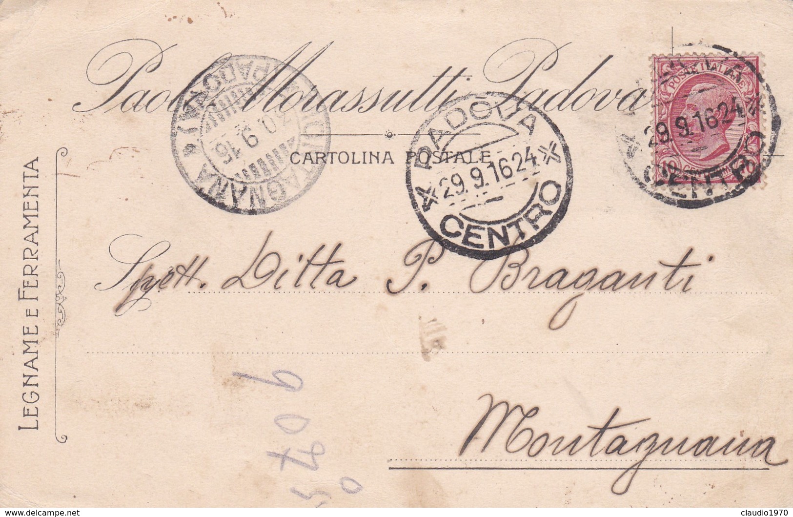 STORIA POSTALE - PADOVA - PAOLO MORASSUTTI - LEGNAME E FERRAMENTA - VIAGGIATA PER MONTAGNANA ( PADOVA) - Marcofilía